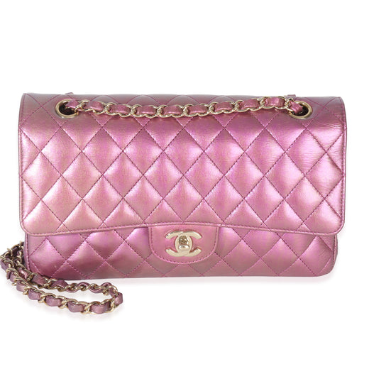 Chanel Dark Pink Iridescent Quilted Lambskin Medium Classic Double Flap Bag Leather Handbag