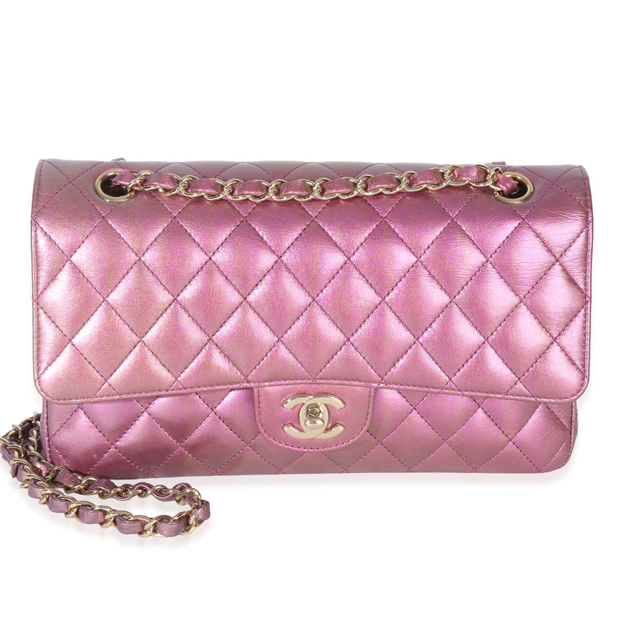 Chanel Dark Pink Iridescent Quilted Lambskin Medium Classic Double Flap Bag Leather Handbag