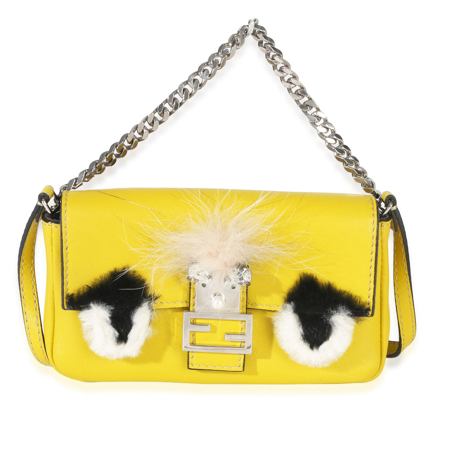 Fendi Yellow Leather Fox Fur Buggie Micro Baguette Handbag