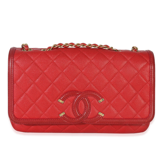 Chanel Red Quilted Caviar Medium Filigree Flap Handbag Leather