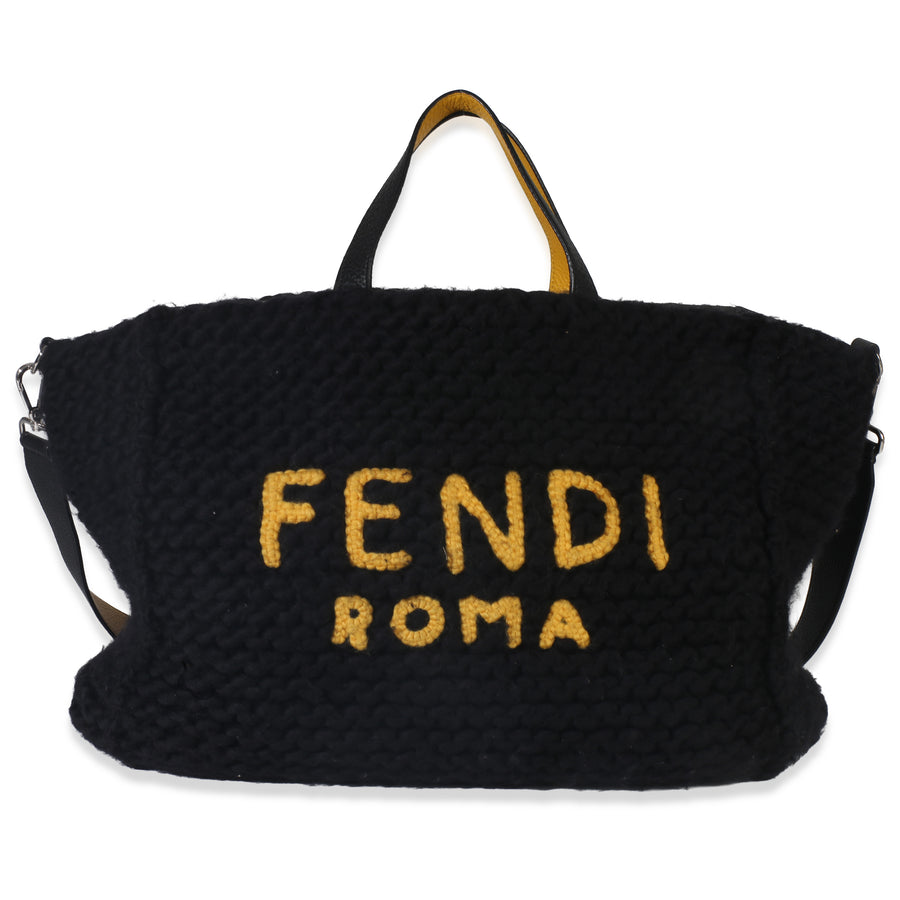 Fendi Yellow Black Wool Logo Tote Fabric Handbag
