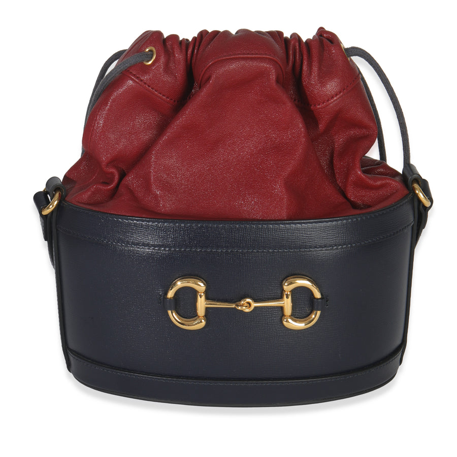 Gucci Red Navy Calfskin Horsebit 1955 Drawstring Bucket Bag Blue; Leather Handbag