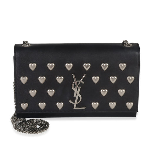 Saint Laurent Black Smooth Calfskin Studded Heart Medium Kate Chain Bag Leather Handbag