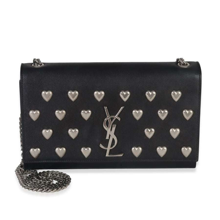 Saint Laurent Black Smooth Calfskin Studded Heart Medium Kate Chain Bag Leather Handbag