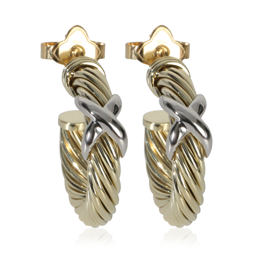 David Yurman White Gold & Yellow Cable X Hoop Earrings 14k