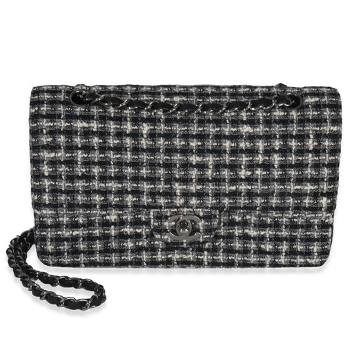 Chanel Black White Tweed Quilted Medium Classic Double Flap Black; Gray; Fabric Handbag