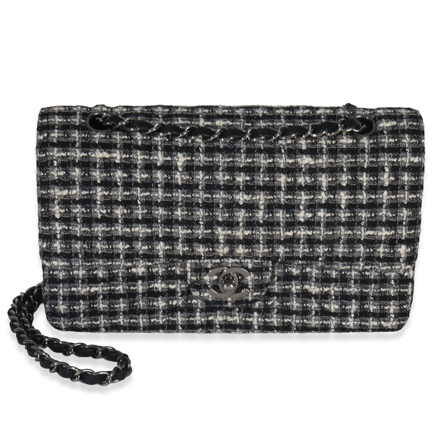 Chanel Black White Tweed Quilted Medium Classic Double Flap Black; Gray; Fabric Handbag