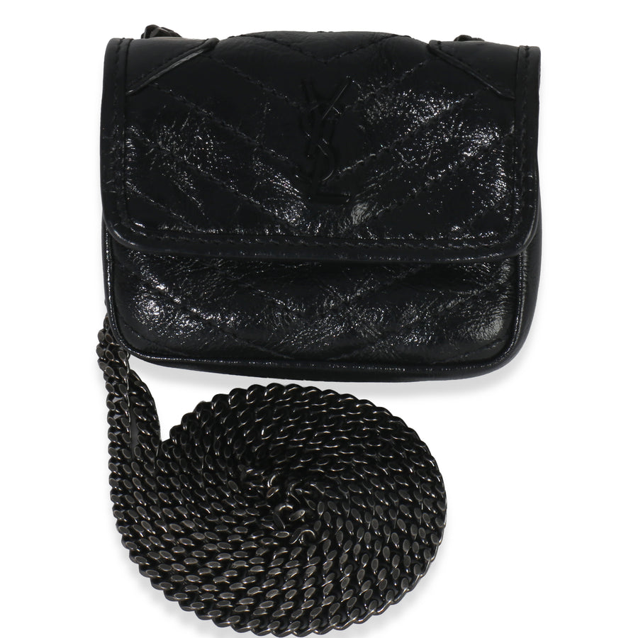 Saint Laurent Black Crinkled Calfskin Matelasse Micro Niki Airpods Case Leather Handbag