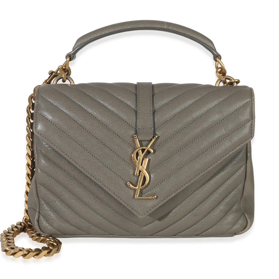 Saint Laurent Taupe Sheepskin Matelasse Chevron Monogram Medium College Bag Gray Leather Handbag