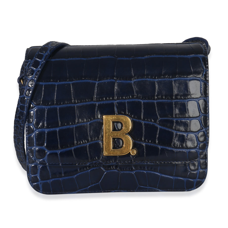 Balenciaga B. Navy Croc Small Shoulder Bag Blue Exotic Handbag