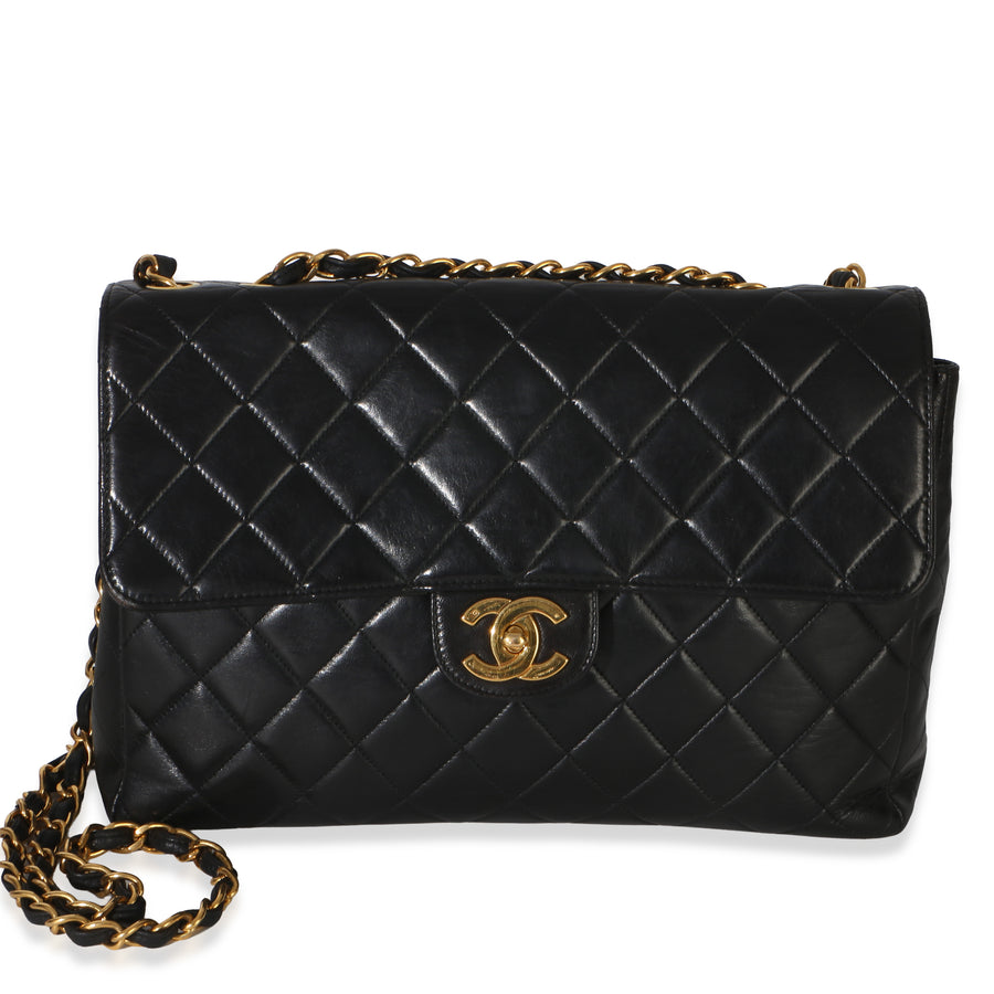 Chanel Vintage 24k Black Quilted Lambskin Jumbo Xl Maxi Flap Bag Leather Handbag