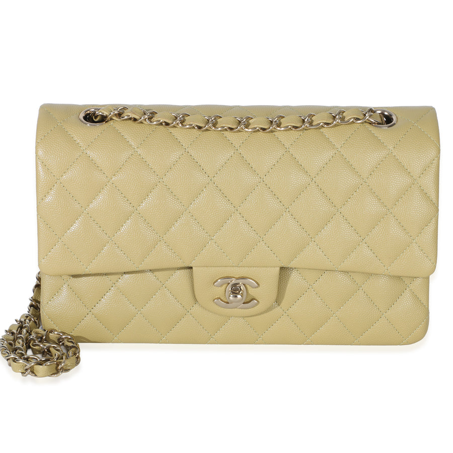 Chanel Olive Quilted Caviar Medium Classic Double Flap Handbag Green Leather