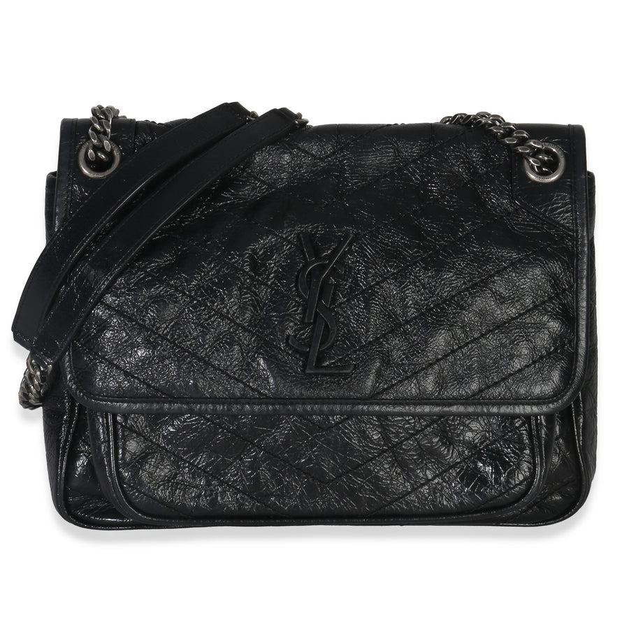 Saint Laurent Black Crinkled Calfskin Matelasse Medium Niki Chain Satchel Leather Handbag