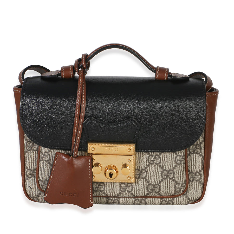 Gucci Black Ebony Gg Supreme Monogram Calfskin New Sakai Mini Padlock Bag Black; Brown Canvas; Leather Handbag