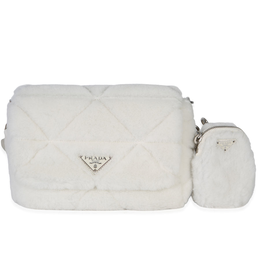 Prada White Shearling Patchwork System Flap Bag Exotic Handbag