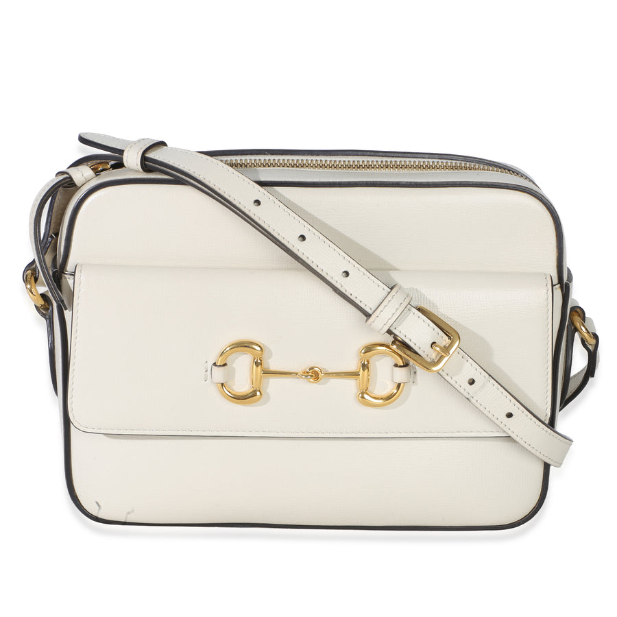Gucci White Textured Calfskin Small Horsebit 1955 Shoulder Bag Leather Handbag