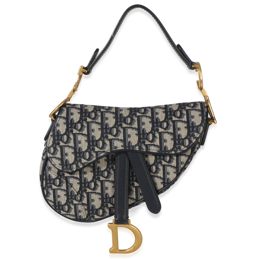 Christian Dior Navy Oblique Canvas Mini Saddle Bag Beige; Blue Fabric Handbag