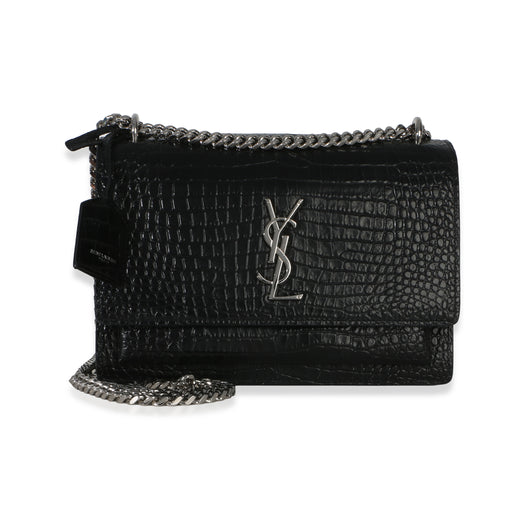 Saint Laurent Black Croc Embossed Calfskin Medium Monogram Sunset Bag Exotic Handbag