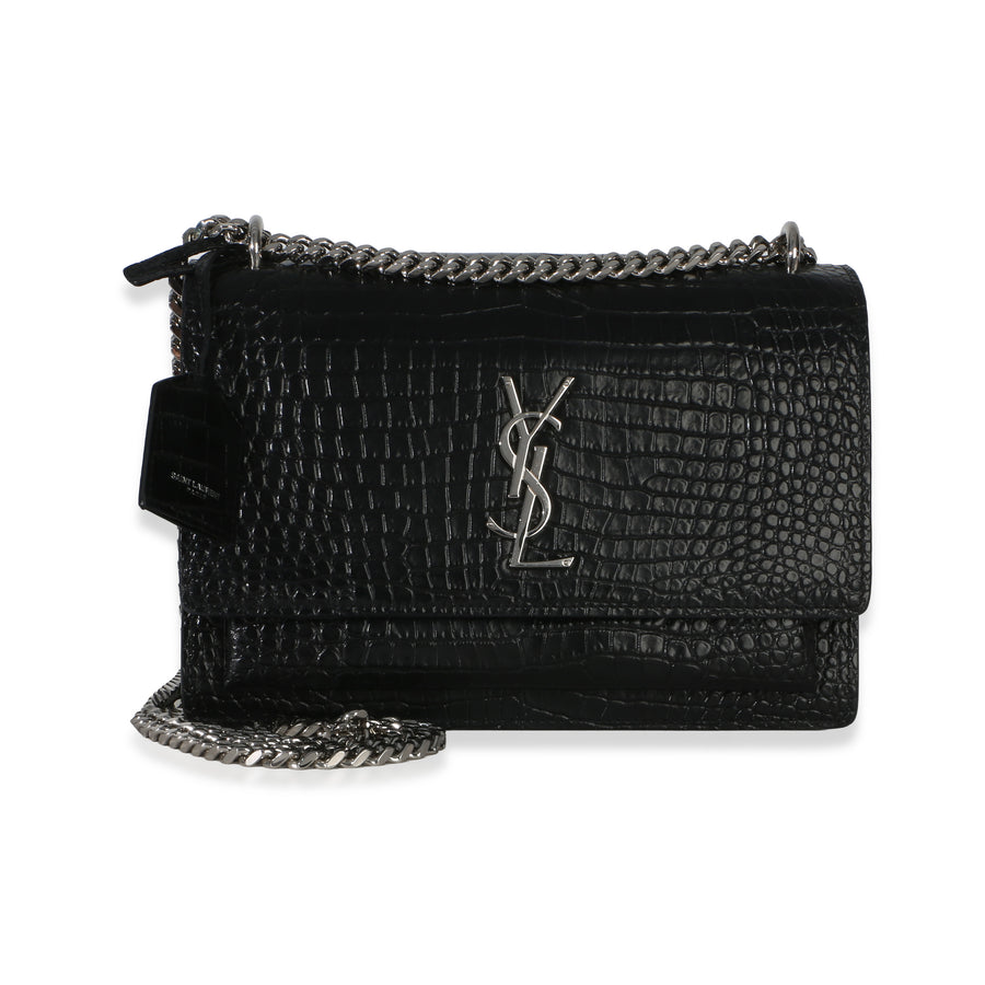 Saint Laurent Black Croc Embossed Calfskin Medium Monogram Sunset Bag Exotic Handbag