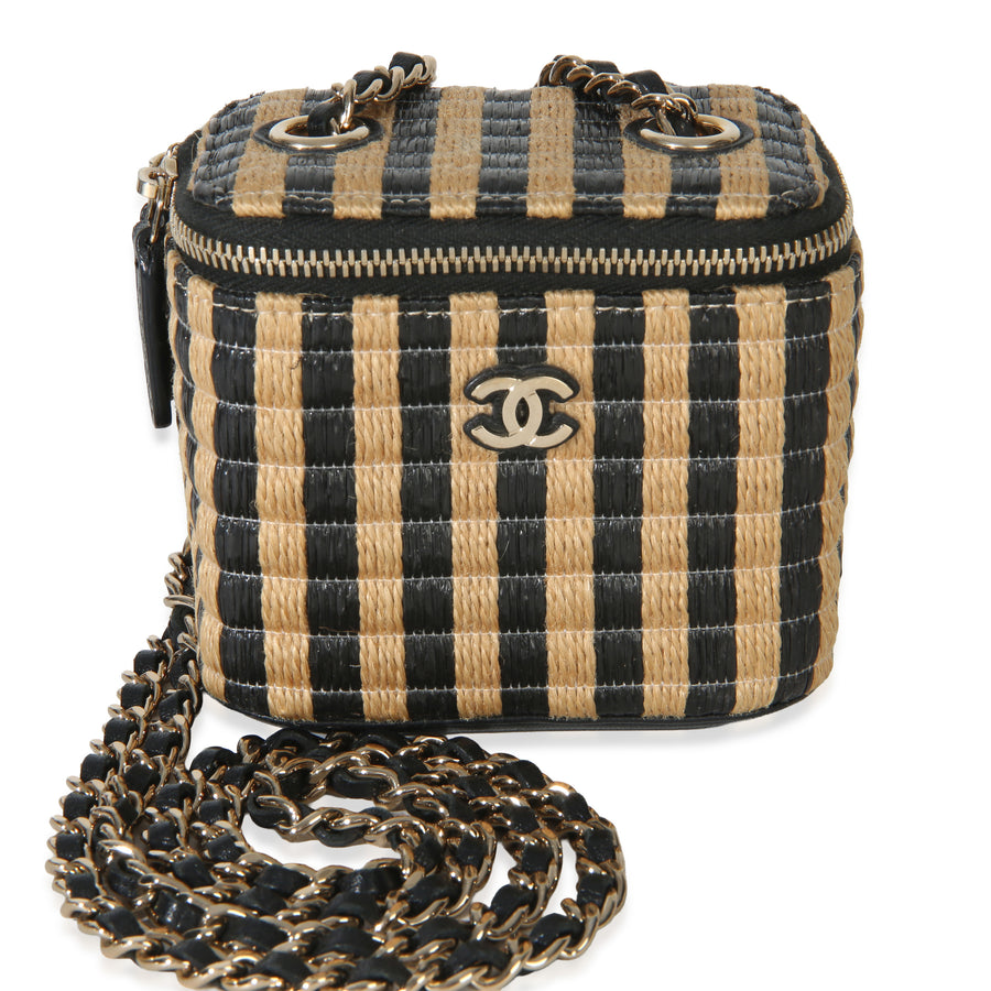 Chanel Black Beige Raffia Jute Striped Mini Vanity Case With Chain Beige; Straw/raffia Handbag