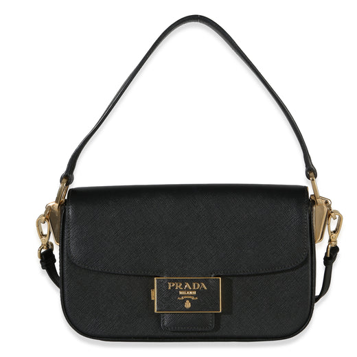 Prada Black Saffiano Lux Leather Embleme Flap Shoulder Bag Handbag