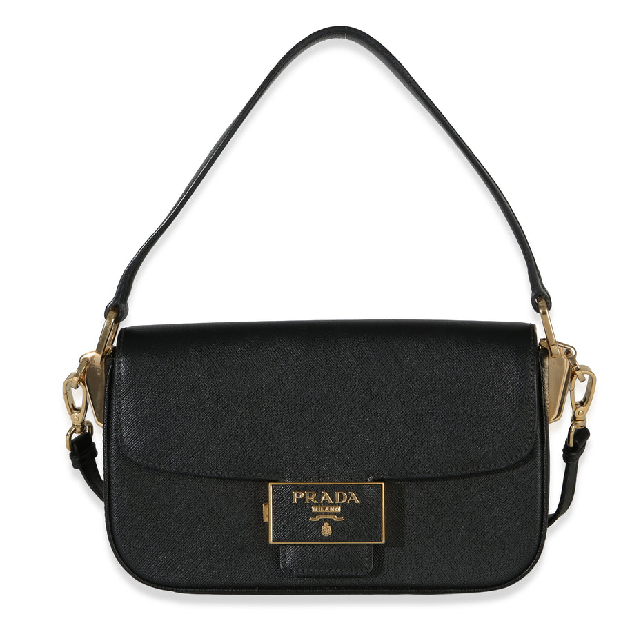 Prada Black Saffiano Lux Leather Embleme Flap Shoulder Bag Handbag