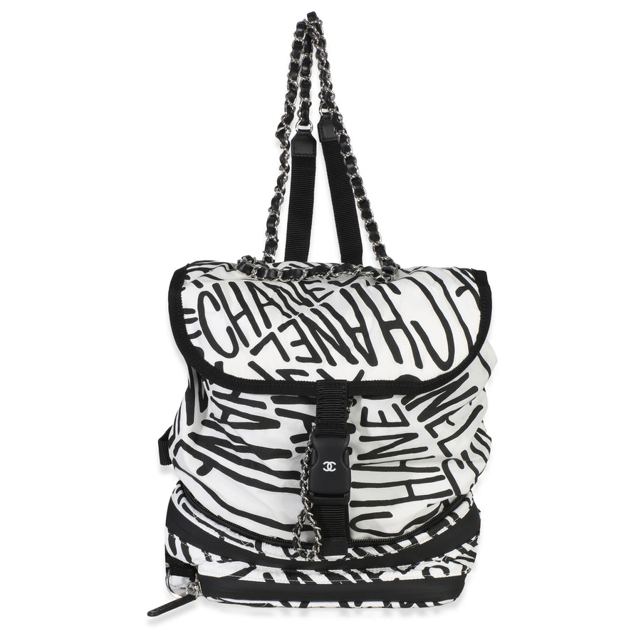 Chanel White Black Nylon Printed Coco Neige Backpack Handbag