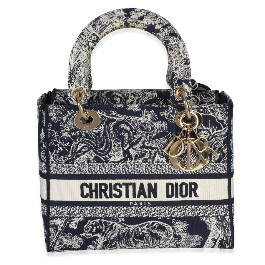 Christian Dior Navy Canvas Toile De Jouy Embroidered Medium Lady D-Lite Blue Handbag
