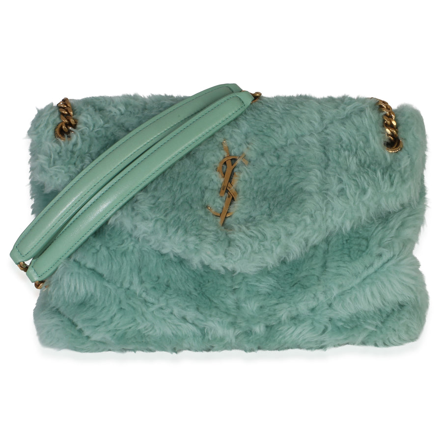 Saint Laurent Shearling Quilted Monogram Small Loulou Puffer Chain Satchel Blue Fabric Handbag