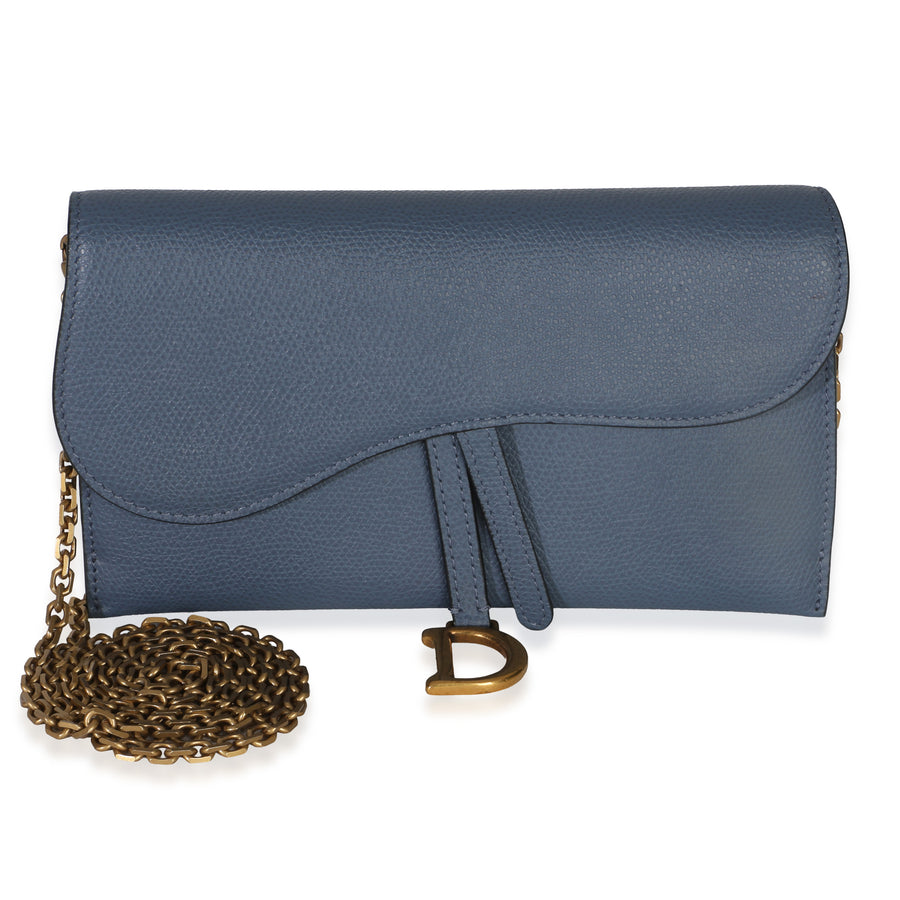 Christian Dior Blue Grained Calfskin Small Saddle Pouch With Chain Leather Handbag