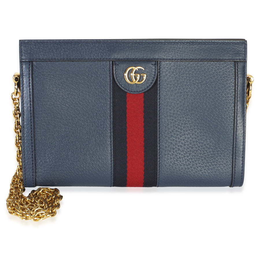 Gucci Navy Calfskin Gg Ophidia Small Web Chain Bag Blue Leather Handbag