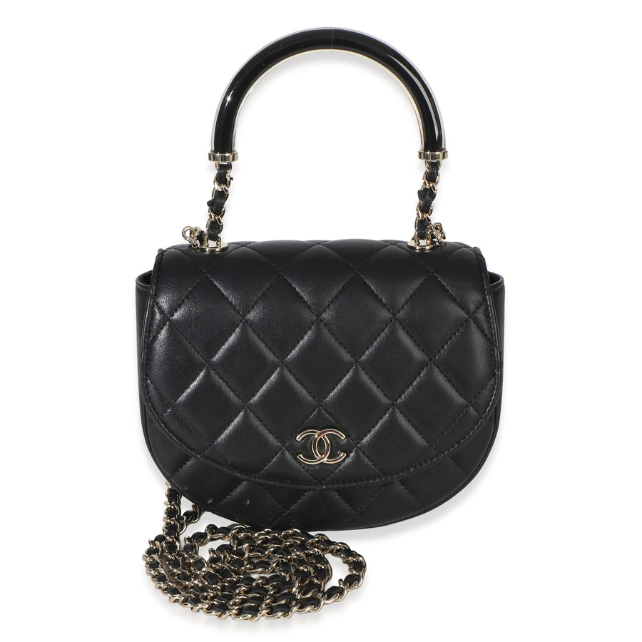 Chanel Black Quilted Lambskin Cc Half Moon Top Handle Flap Leather Handbag