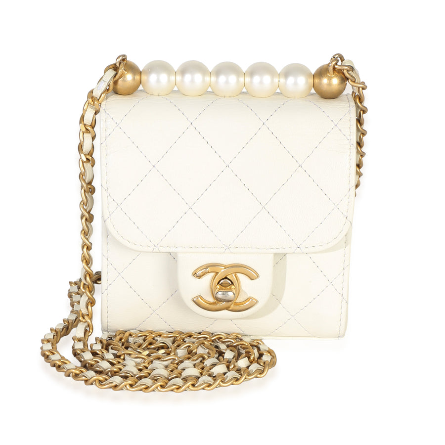 Chanel White Lambskin Quilted Chic Pearls Clutch On Chain Leather Handbag