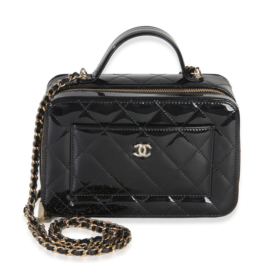 Chanel Black Quilted Patent Top Handle Vanity With Chain Leather Handbag