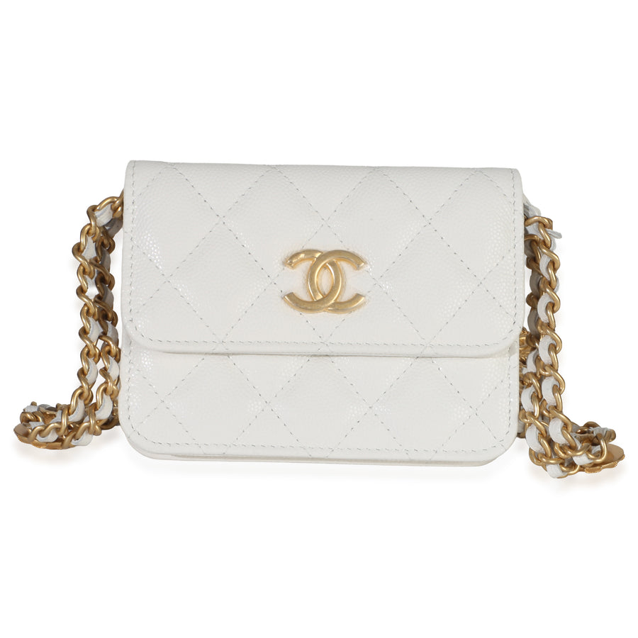 Chanel White Quilted Caviar Twist Your Buttons Coin Purse With Chain Leather Handbag