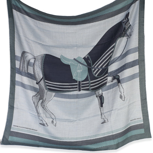 Hermès Mens Ciel Chine Cheval A La Couverture Cashmere Silk Scarf 100 Blue Scarves/wraps