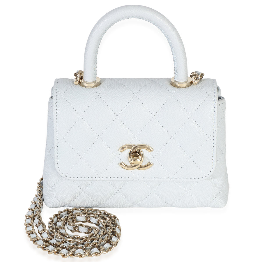 Chanel Light Blue Quilted Caviar Coco Handle Clutch With Chain Handbag Leather