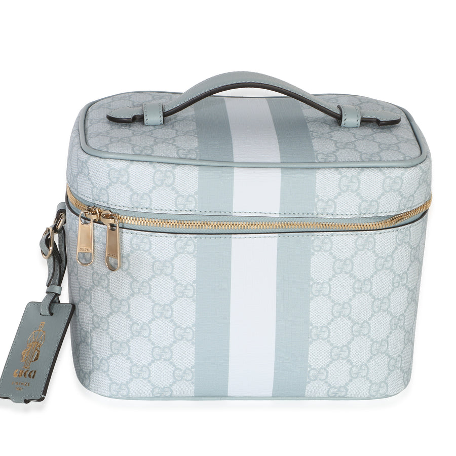 Gucci Light Blue Gg Supreme Monogram Dollar Calfskin Medium Savoy Vanity Case Canvas Handbag