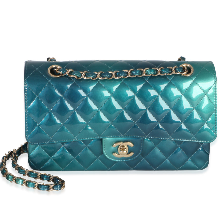 Chanel Green Blue Shaded Quilted Patent Medium Classic Double Flap Bag Blue; Leather Handbag