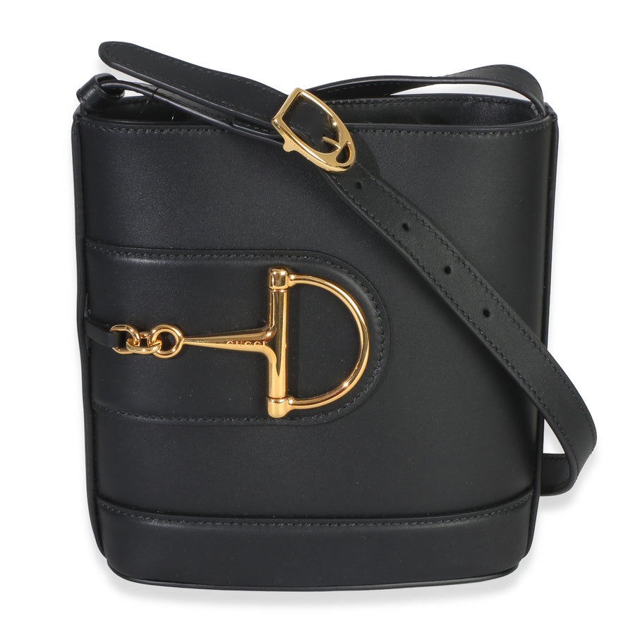 Gucci Black Smooth Calfskin Hasler Horsebit 73 Small Bucket Bag Leather Handbag