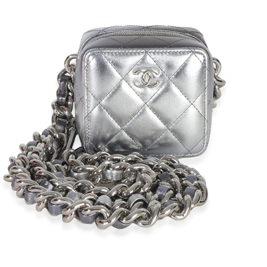 Chanel Metallic Quilted Lambskin Coco Punk Clutch With Chain Metallic; Silver Leather Handbag