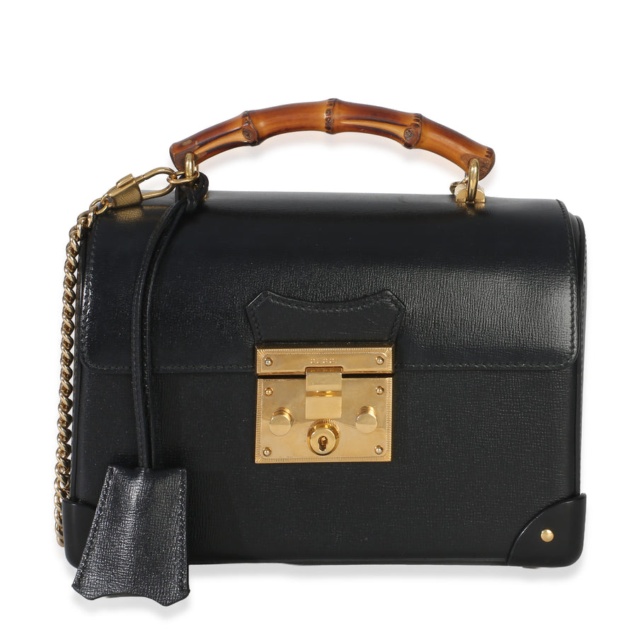 Gucci Black Azalea Calfskin Small Padlock Bamboo Shoulder Bag Leather Handbag