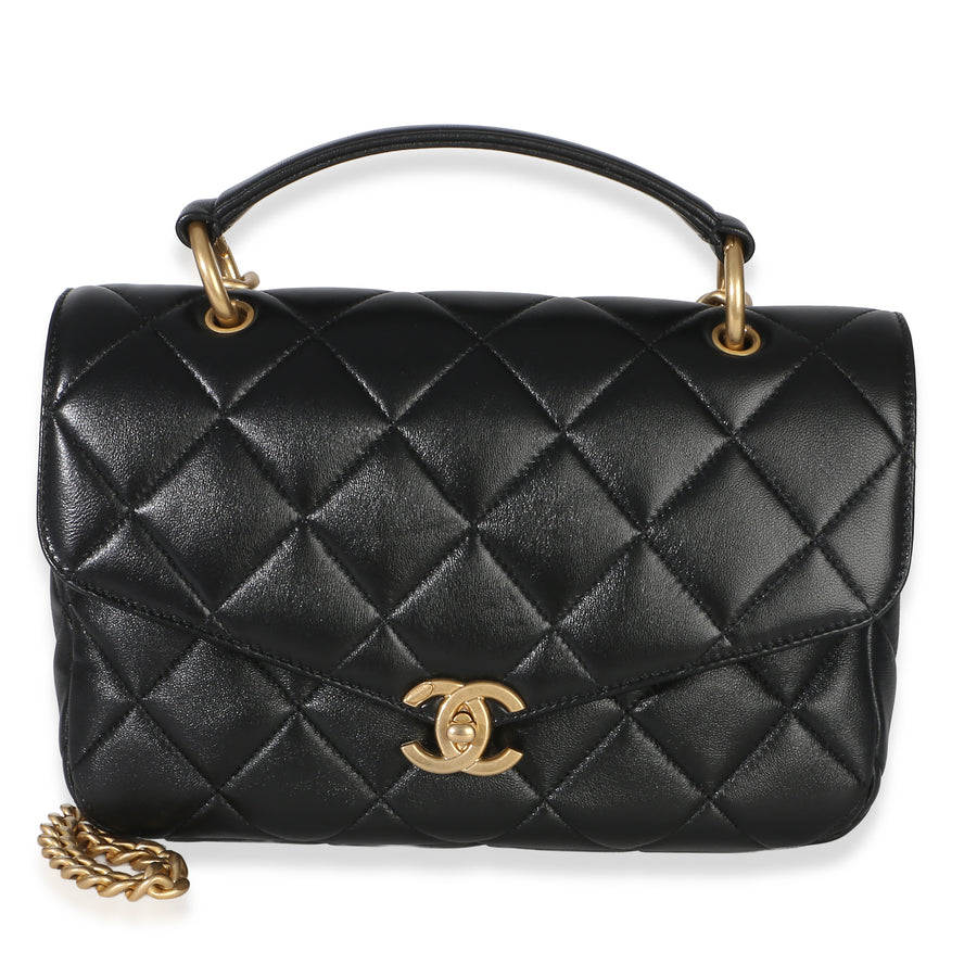 Chanel Black Quilted Lambskin Top Handle Envelope Flap Bag Leather Handbag