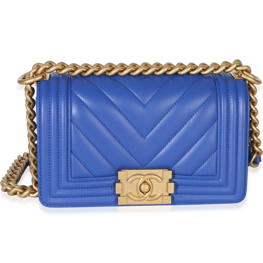 Chanel Blue Lambskin Chevron Quilted Small Boy Bag Leather Handbag
