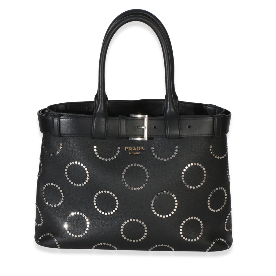 Prada Black Soft Grain Calfskin Studded Large Buckle Bag With Belt Leather Handbag