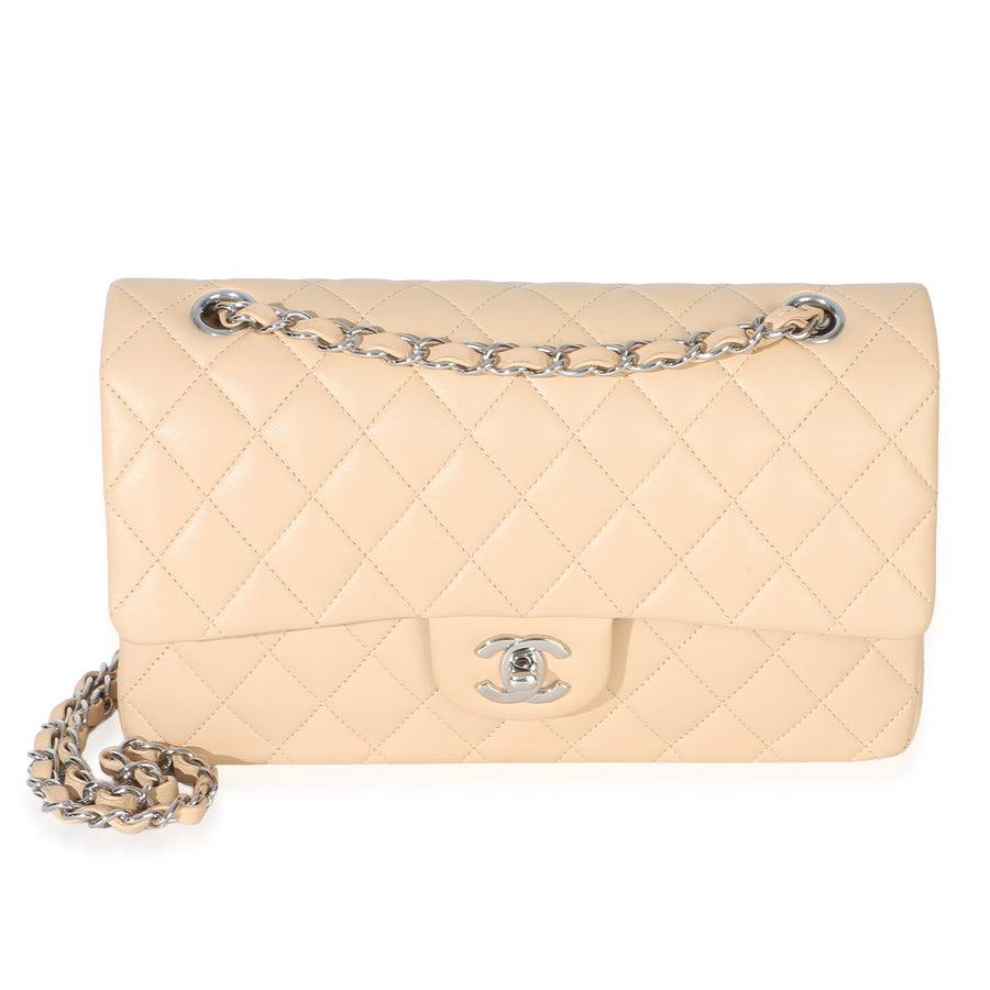 Chanel Beige Quilted Lambskin Medium Classic Double Flap Bag Leather Handbag