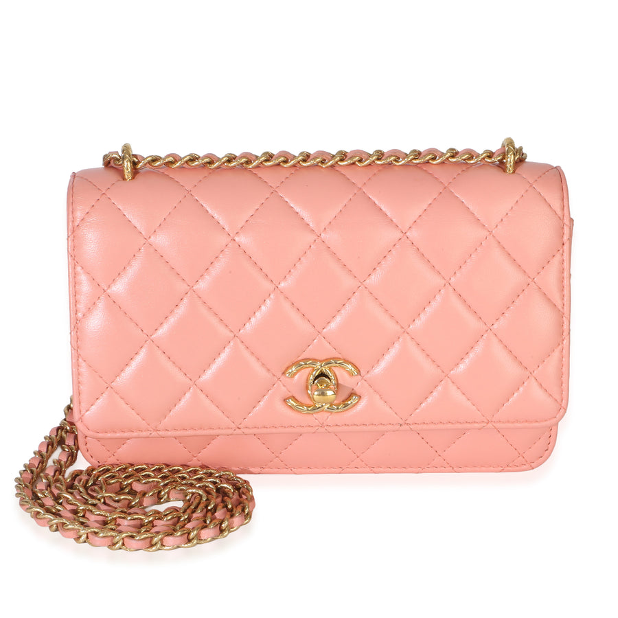 Chanel Iridescent Pink Quilted Lambskin Cc Wallet On Chain Leather Handbag