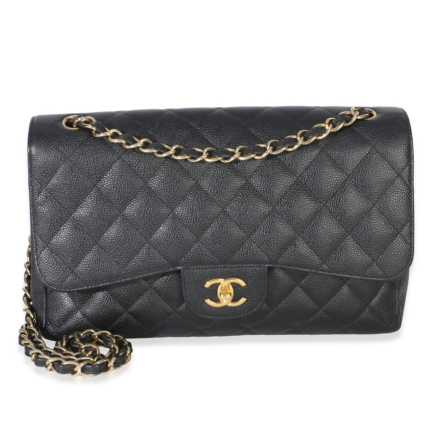 Chanel Black Quilted Caviar Jumbo Double Flap Handbag Leather