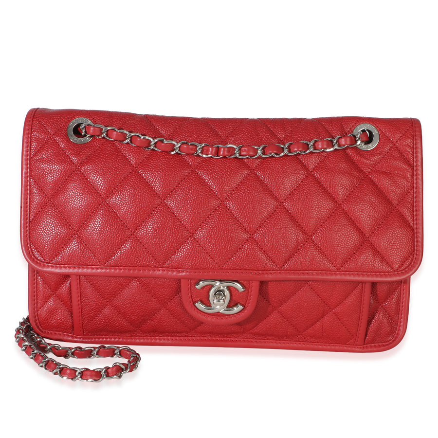 Chanel Red Quilted Caviar Medium French Riviera Flap Handbag Leather