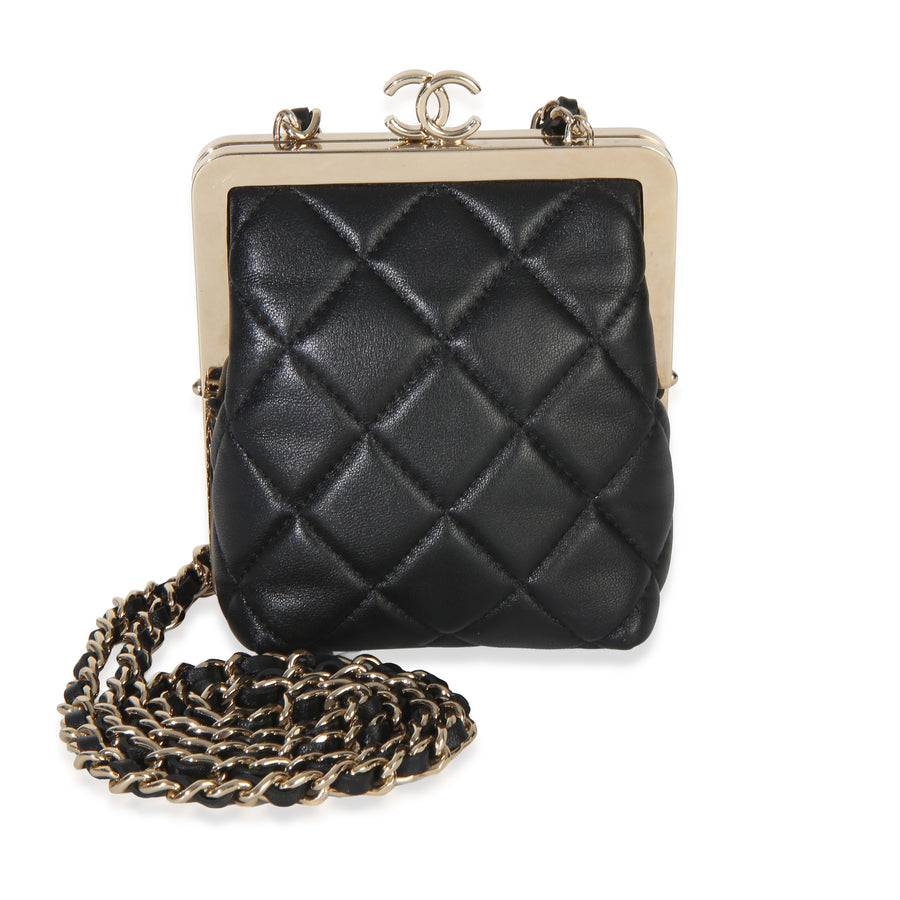Chanel Black Quilted Lambskin Cc Frame Clutch With Chain Leather Handbag